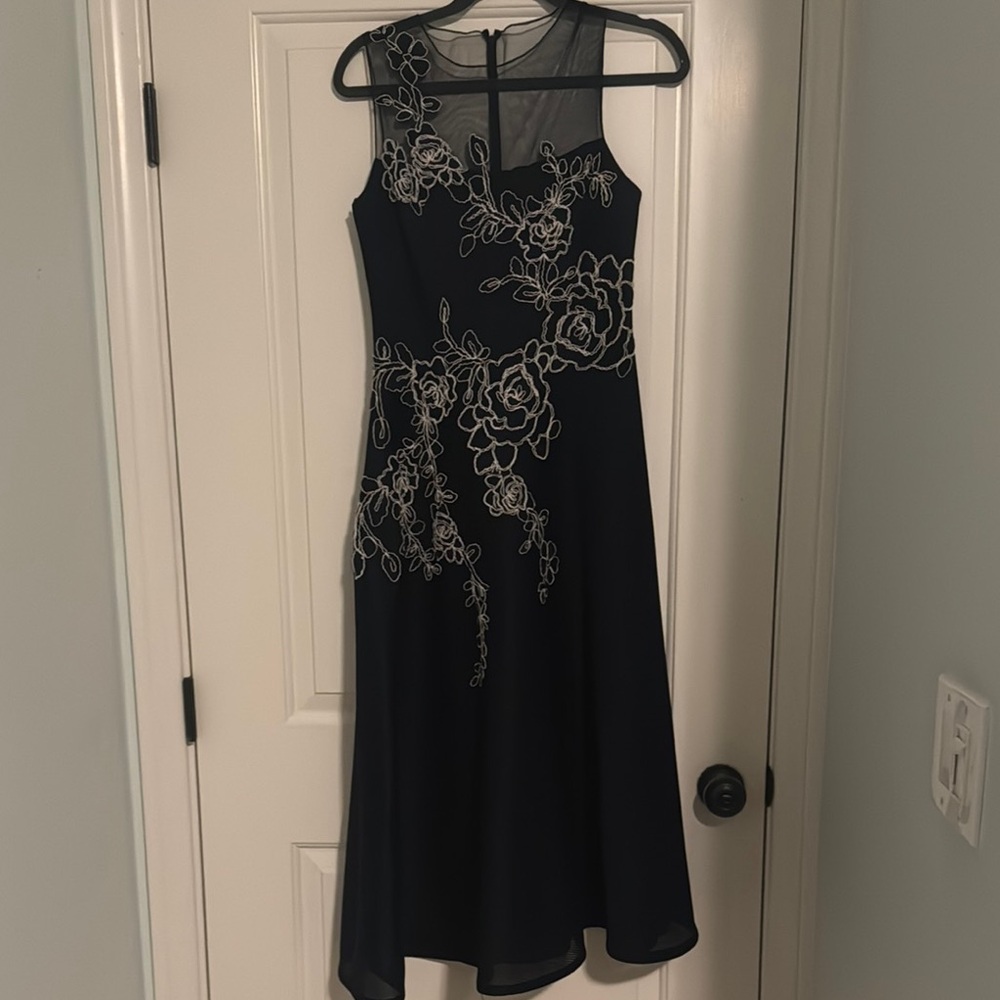 Rickie Freeman for Teri Jon Black and Silver Asymmetrical Midi Dress